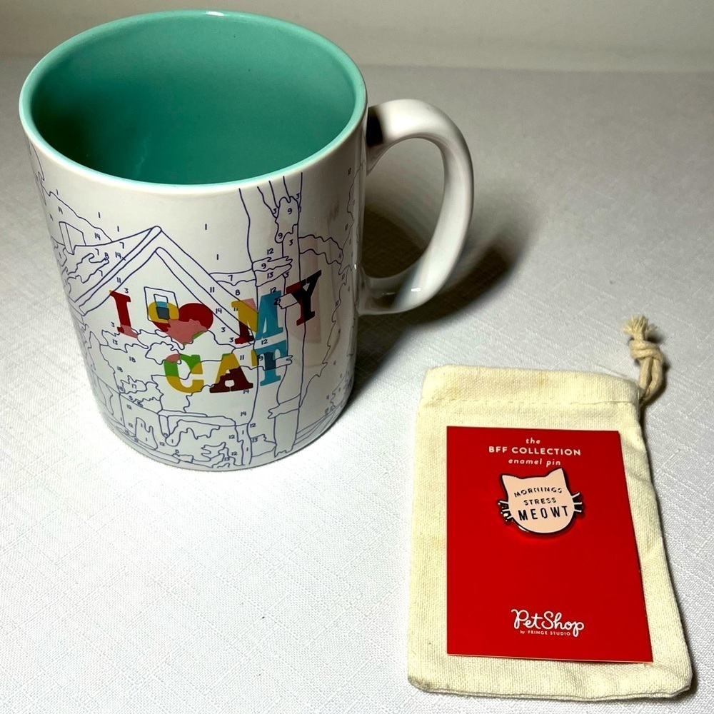 Cat-Themed Mug & Pin. New. Mug - I LOVE MY CAT. Pin - Mornings Stress MEOWT.
